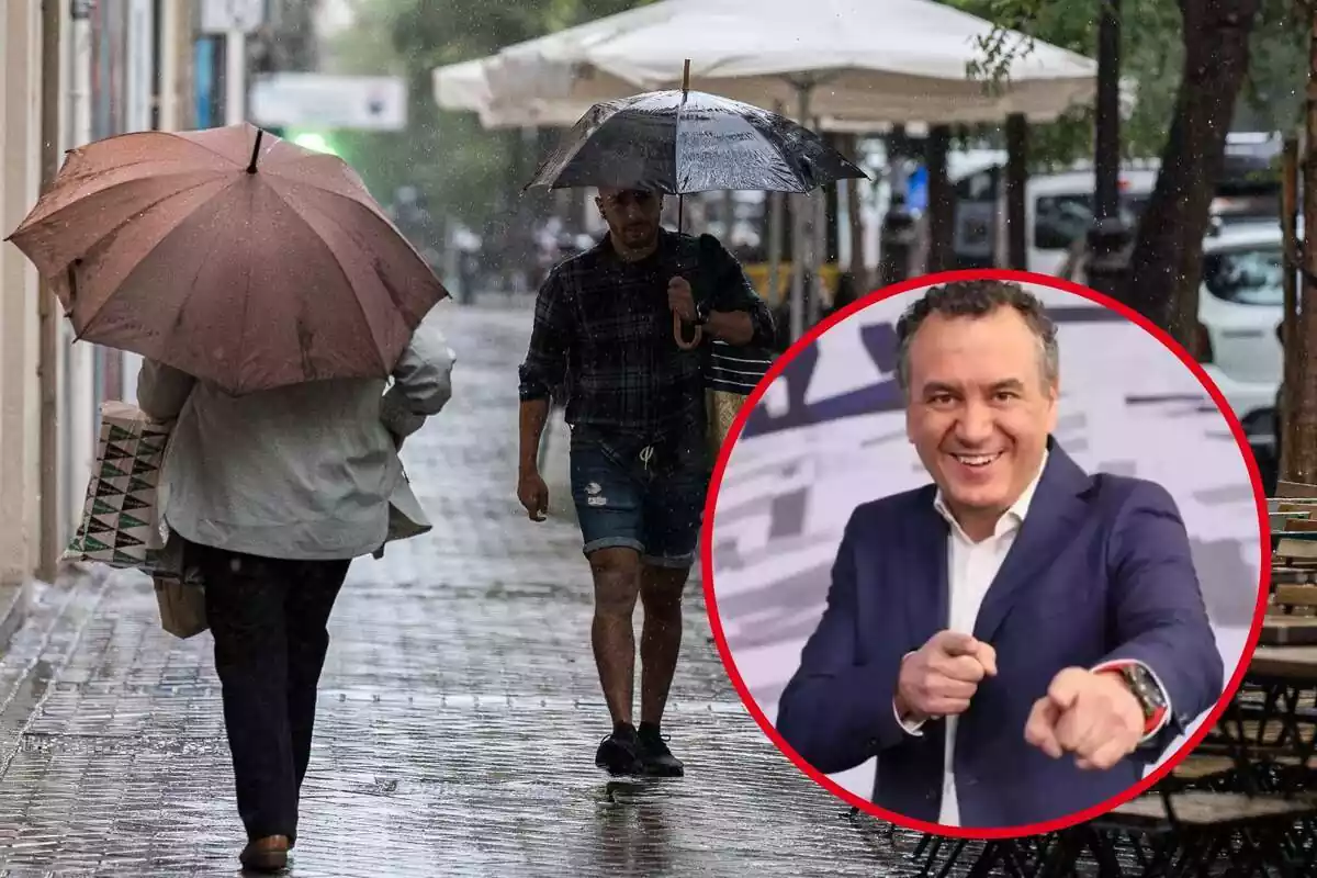 Muntatge amb dues persones amb paraigües caminant pel carrer en ple temporal de pluja i un cercle on apareix Roberto Brasero