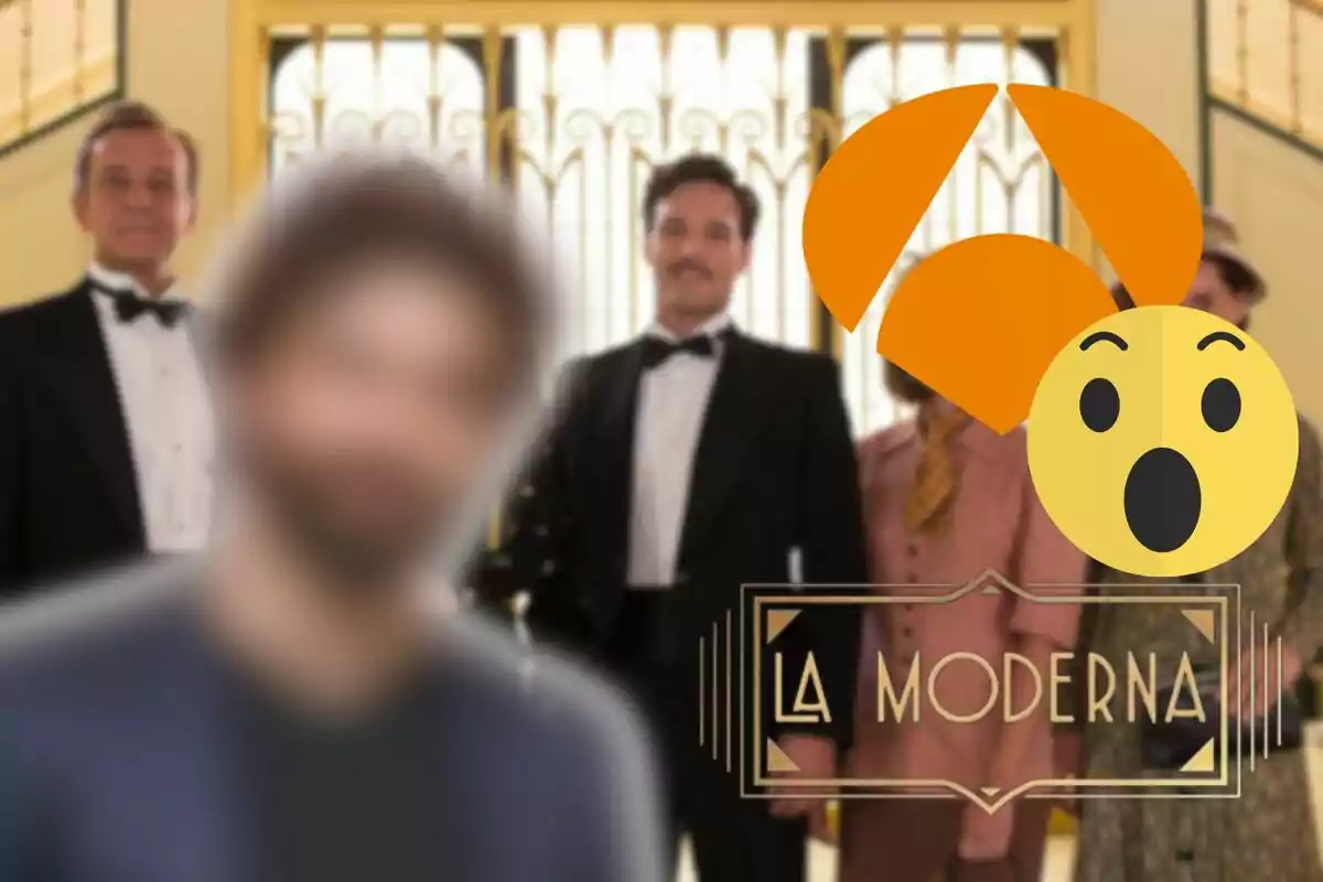 Muntatge amb els personatges de 'La Moderna', Alberto Amarilla desenfocat, els logos de la seriosa i Antena 3 i un emoji de sorpresa