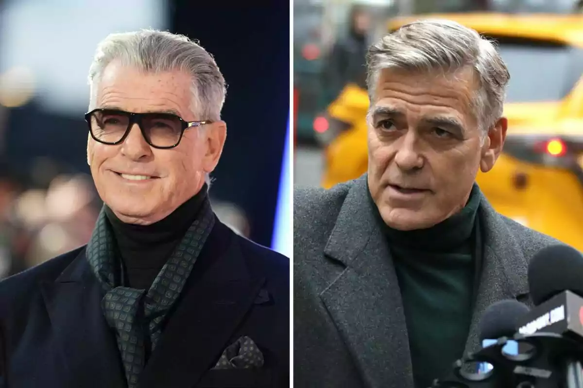 Pierce Brosnan and George Clooney, one with glasses and a scarf, the other with a gray coat, both in different urban settings. Pierce Brosnan and George Clooney, one with glasses and a scarf, the other with a gray coat, both in different urban settings.