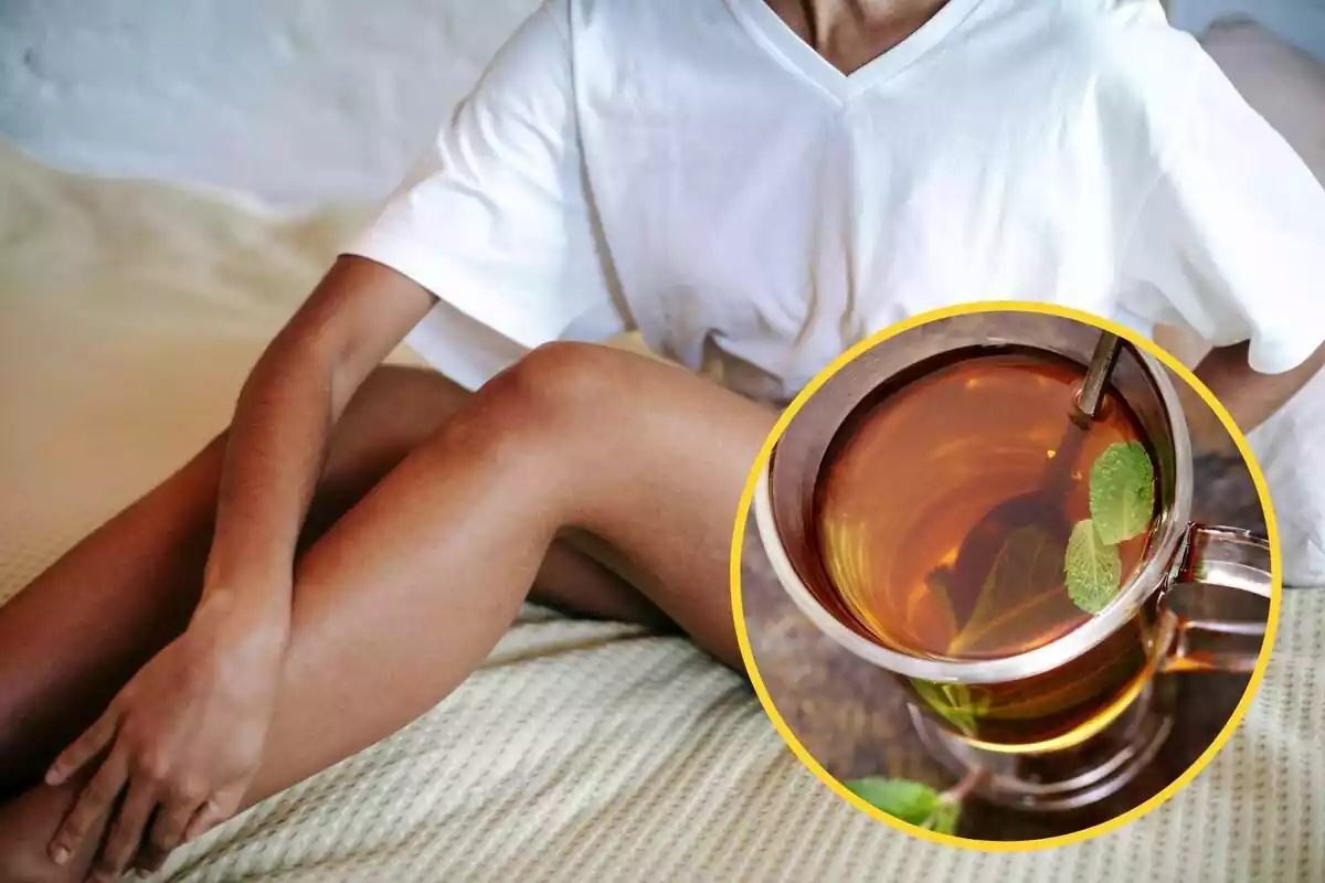 Muntatge amb una dona fregant-se les cames i un cercle amb una infusió en una tassa