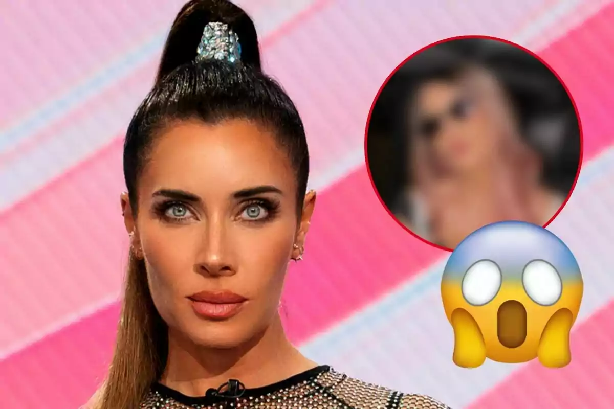 Pilar Rubio amb cabell recollit i expressió seriosa apareix en primer pla, mentre que a la cantonada superior dreta es veu una imatge borrosa dins d'un cercle vermell i un emoji de cara sorpresa.