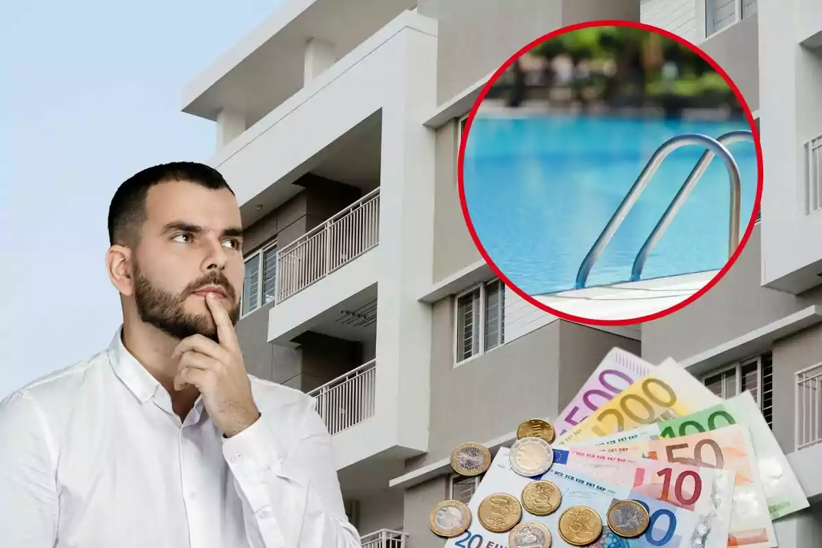 Muntatge d´un home pensatiu, un edifici i una piscina