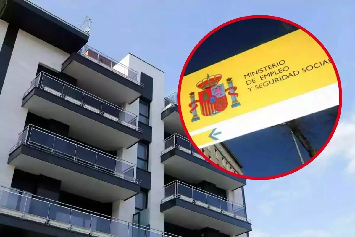 Edifici modern amb balcons i cartell del Ministeri d'Ocupació i Seguretat Social d'Espanya en un cercle vermell.