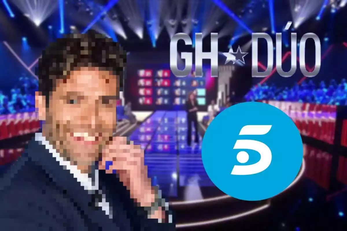 Montaje con el plató de 'GH' al fondo, Efrén Reyero pixelado y los logos de 'GH DÚO' y Telecinco