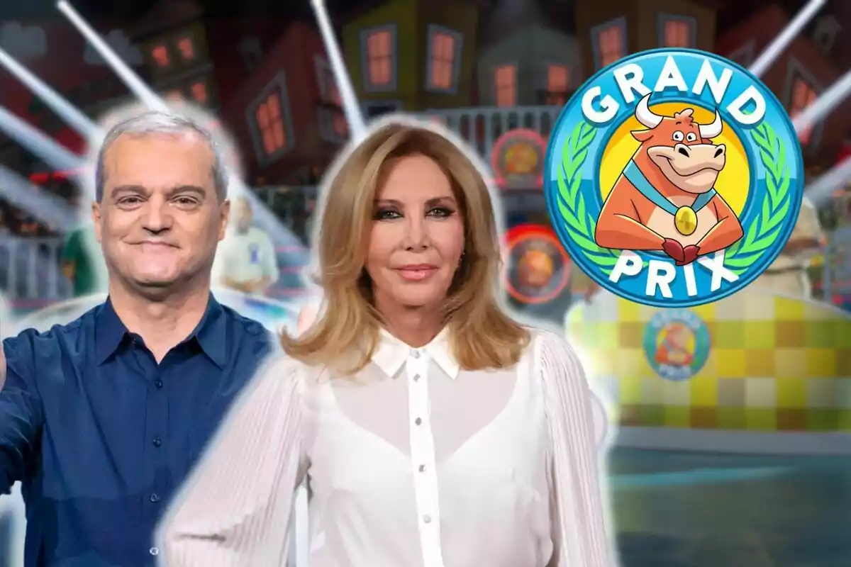 Ramón García i Norma Duval posen davant d'un fons colorit amb el logotip del programa Grand Prix que mostra una caricatura d'un bou somrient.