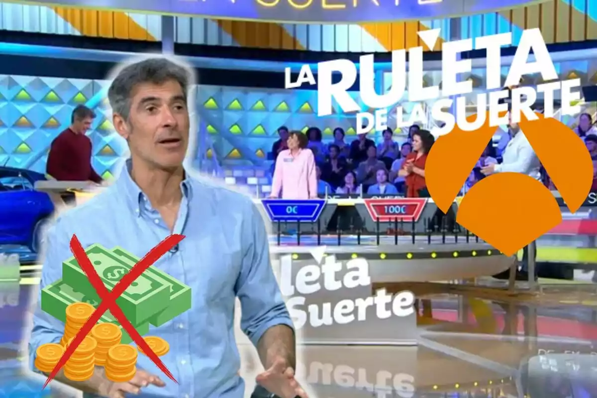 Muntatge del plató de 'La Ruleta de la Suerte', Jorge Fernández amb camisa blava, diners amb una creu vermella a sobre i els logos del programa i d'Antena 3