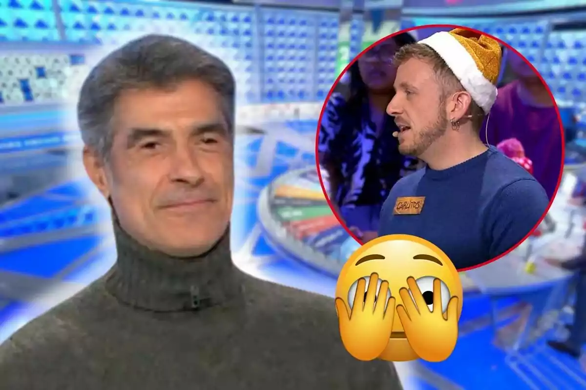 Jorge Fernández amb suèter fosc somriu mentre en un cercle vermell apareix un altre home amb gorra nadalenca i un emoji de sorpresa.