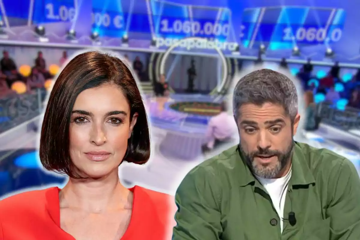 Blanca Romero i Roberto Leal amb el plató de 'Pasapalabra' al fons.