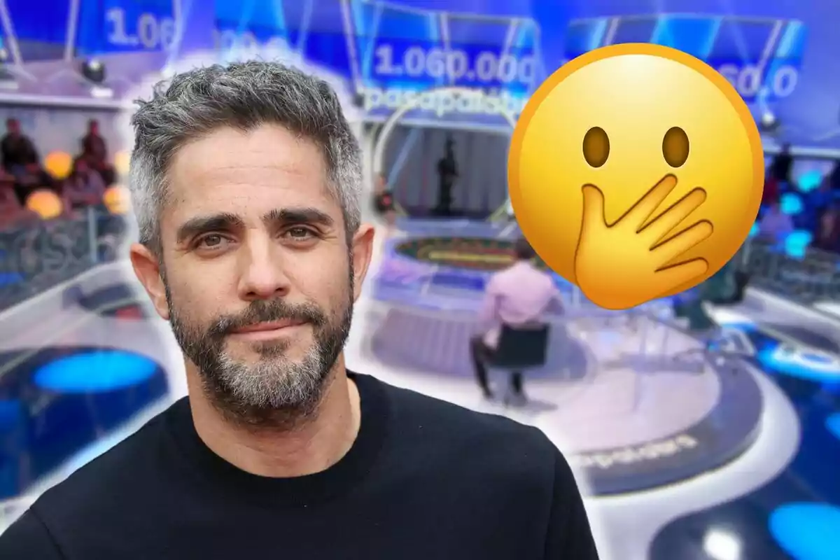 Roberto Leal amb barba en un set de televisió amb un emoji de sorpresa superposat.