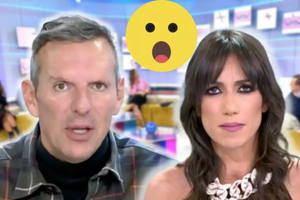 Joaquín Prat i Patricia Pardo en un set de televisió amb un emoji sorprès superposat.