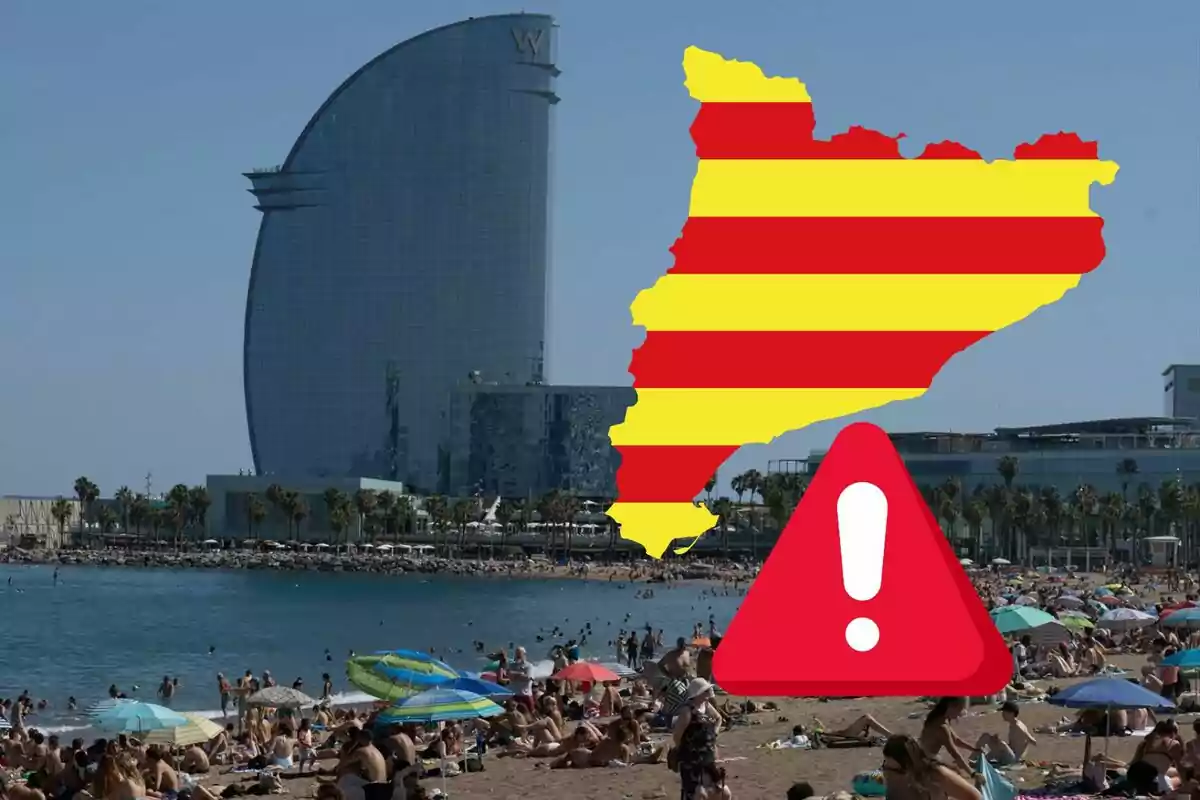 Busy beach with a modern building in the background and a map of Catalonia with an exclamation point. Busy beach with a modern building in the background and a map of Catalonia with an exclamation point.