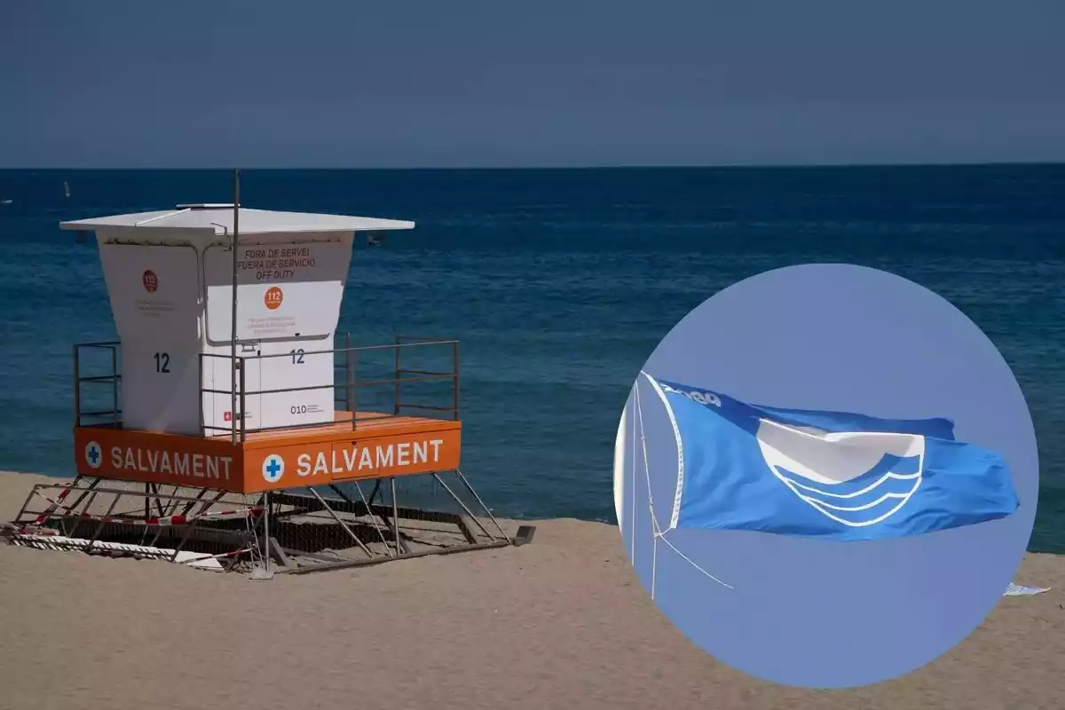 Assembly of a beach with a lifeguard hut and a blue flag Assembly of a beach with a lifeguard hut and a blue flag