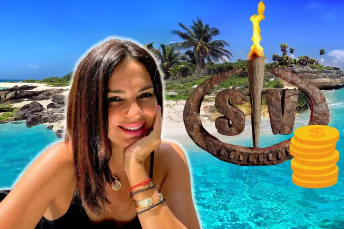 Muntatge de la platja d'una illa, Olga Moreno somrient amb la mà a la barbeta, el logotip de 'Supervivientes' i monedes