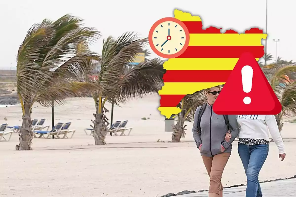 Two people walking on a windy beach with leaning palm trees and a superimposed graphic of a flag with a clock and a warning sign.