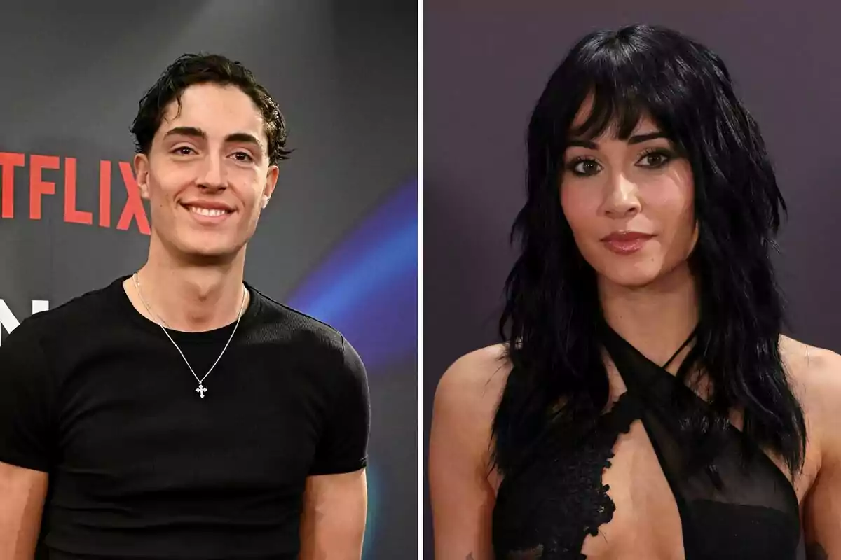 Plex con camiseta negra y collar de cruz sonríe frente a un fondo de Netflix junto a Aitana que lleva un vestido negro elegante Plex con camiseta negra y collar de cruz sonríe frente a un fondo de Netflix junto a Aitana que lleva un vestido negro elegante