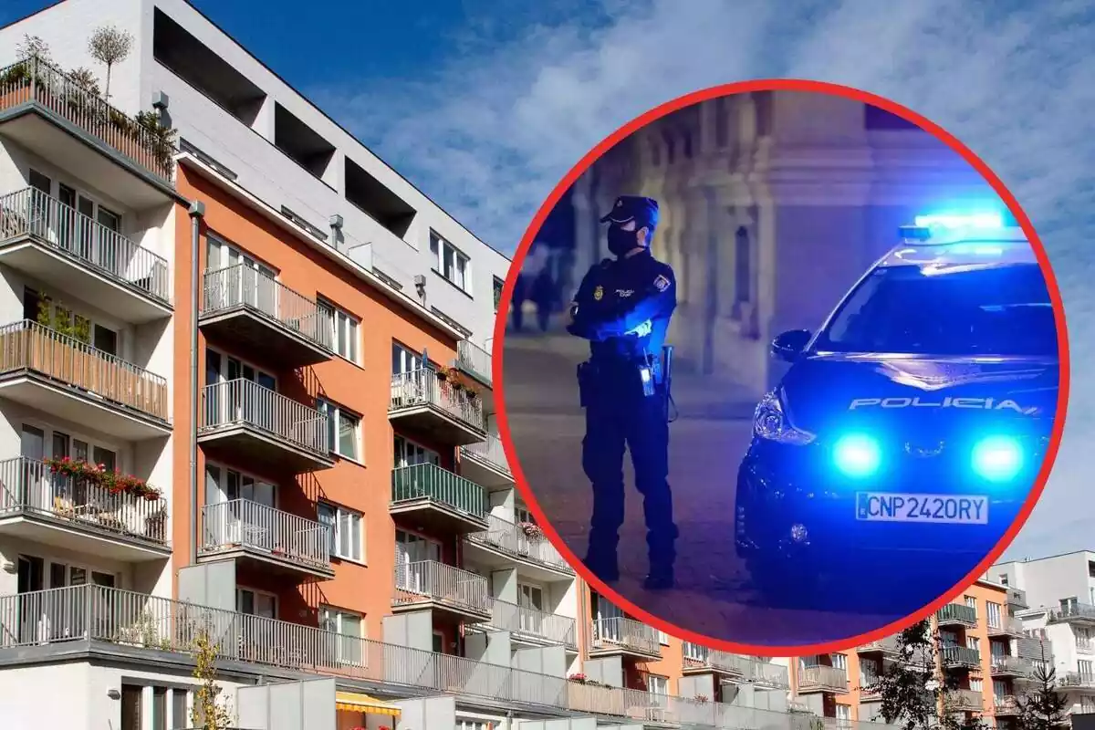 Muntatge d'un edifici exterior de pisos amb un policia i el cotxe de patrulla