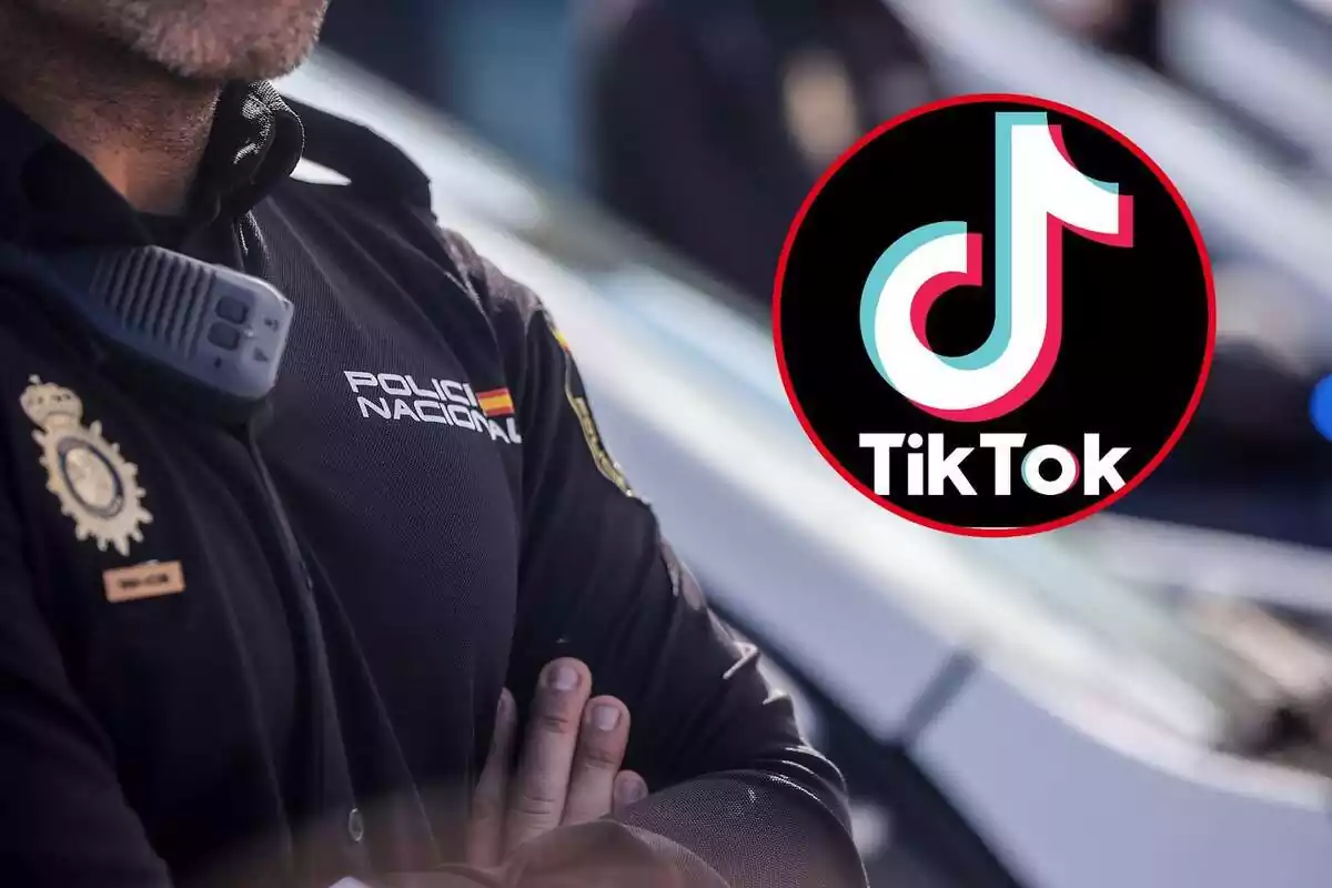 Muntatge d'un Policia Nacional i el logotip de TikTok