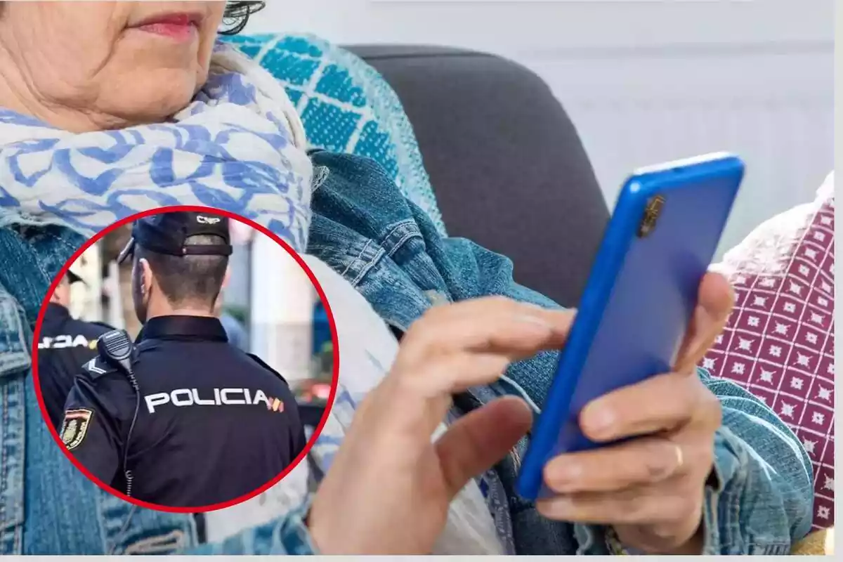 Muntatge d'una dona amb telèfon mòbil i policia