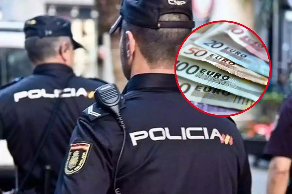 Muntatge de dos policies d'esquena amb una rodona de bitllets d'euro