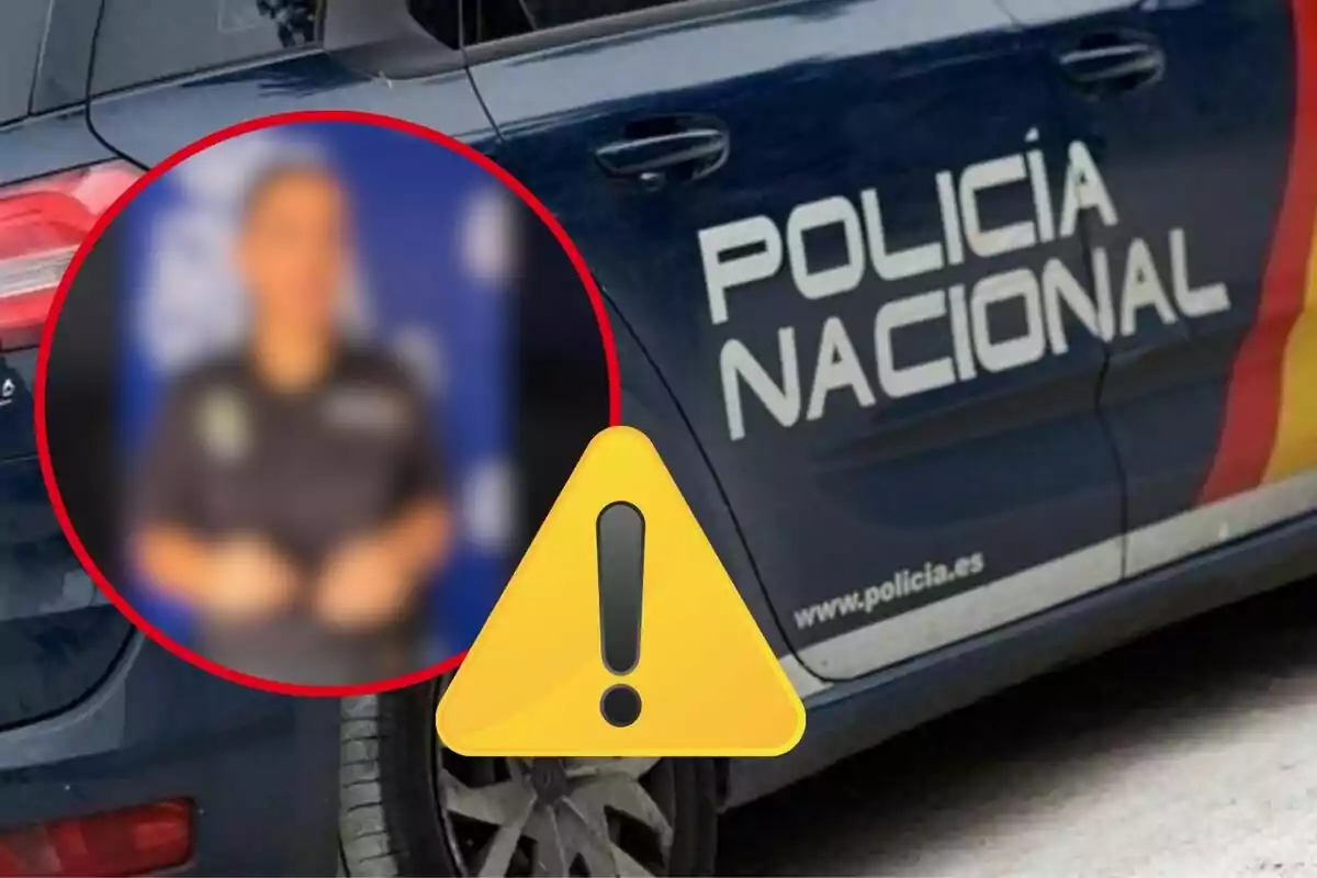 Un cotxe de la Policia Nacional amb una borrosa imatge d'una persona i una icona d'advertència.