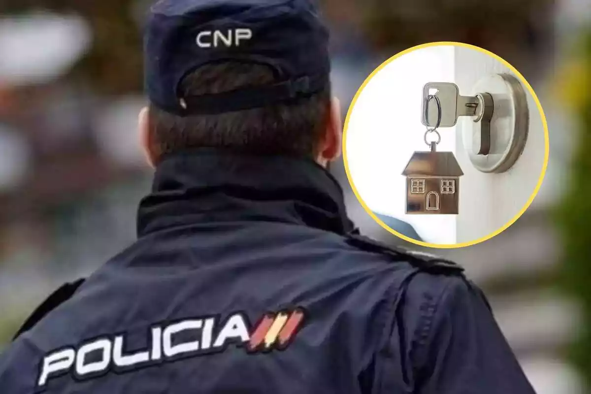 Muntatge d'un policia del Cos Nacional d'esquena amb una clau de casa