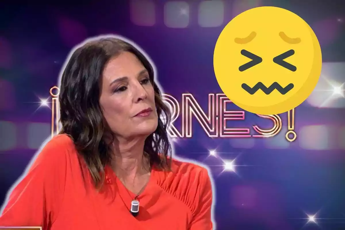 Muntatge de la portada de '¡De Viernes!', Ángela Portero seria amb una brusa vermella i un emoji tremolant