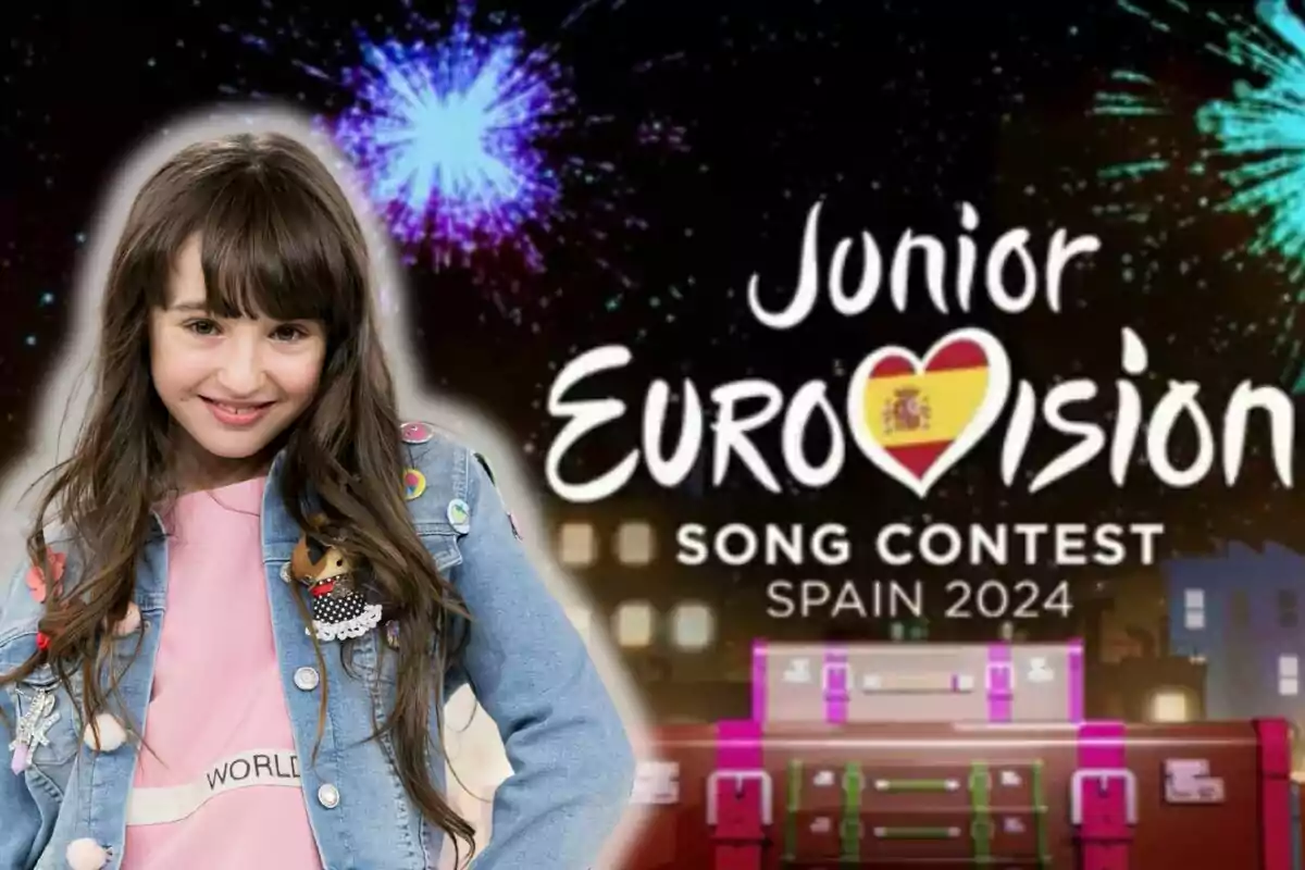 Chloe Delarosa somrient amb jaqueta de mezclilla decorada apareix al costat del logo del Junior Eurovision Song Contest Spain 2024 amb focs artificials de fons.