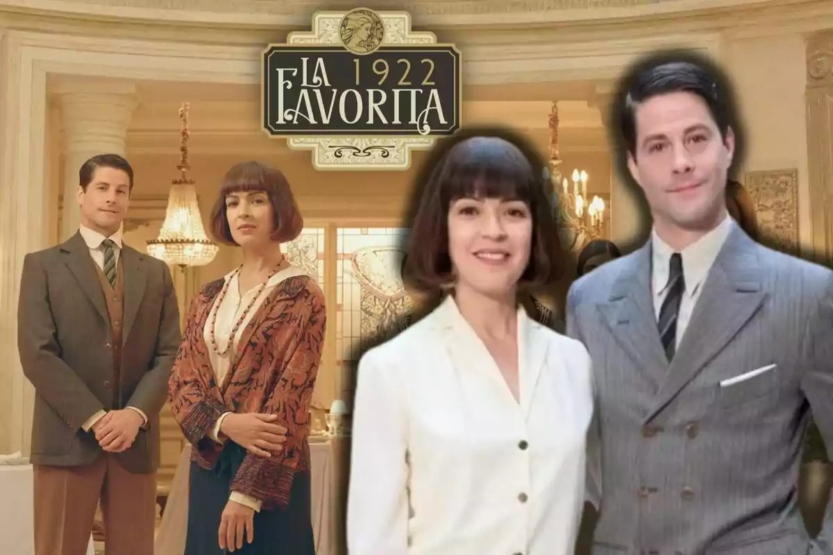 Una imatge promocional de la sèrie "La Favorita 1922" mostra dos personatges vestits amb roba d'època, posant en un elegant saló amb una làmpada d'aranya i un disseny clàssic al fons.