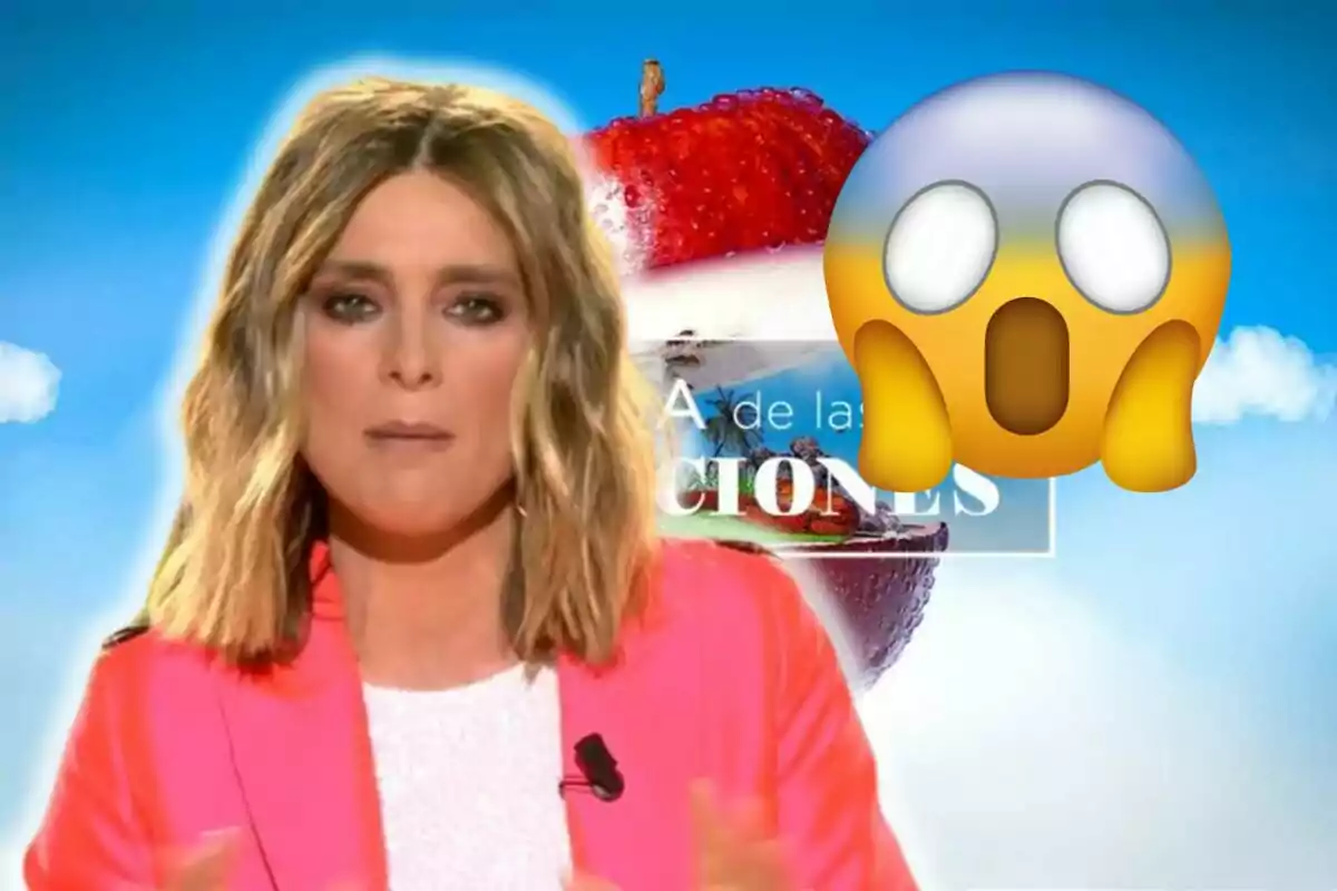 Sandra Barneda amb jaqueta rosa davant d'un fons blau amb una poma i un emoji sorprès.