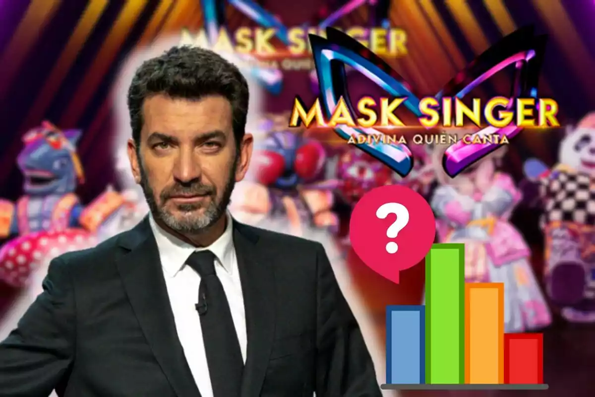 Arturo Valls amb vestit davant d'un fons colorit amb el logotip de "Mask Singer" i gràfics de barres.