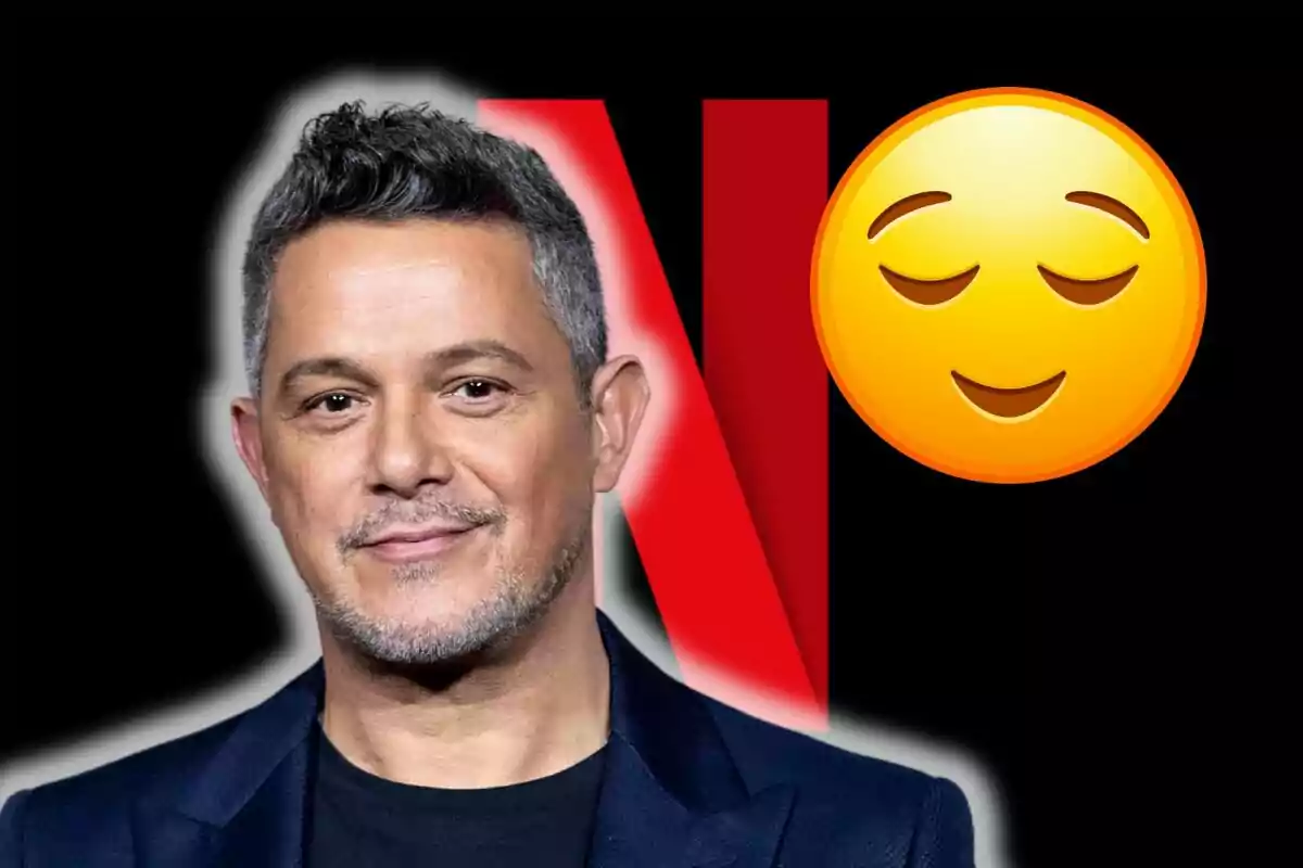 Alejandro Sanz amb cabell curt i barba, amb una gran lletra "N" vermella i un emoji de cara relaxada al fons.