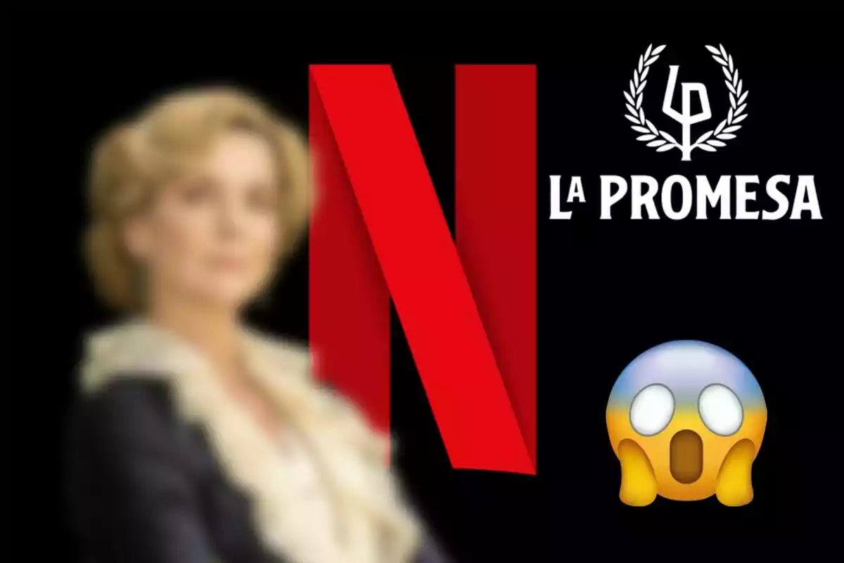 Imatge amb el logotip de Netflix al centre, Eva Martín desenfocada al fons, el text "La Promesa" a la dreta i un emoji de cara sorpresa.