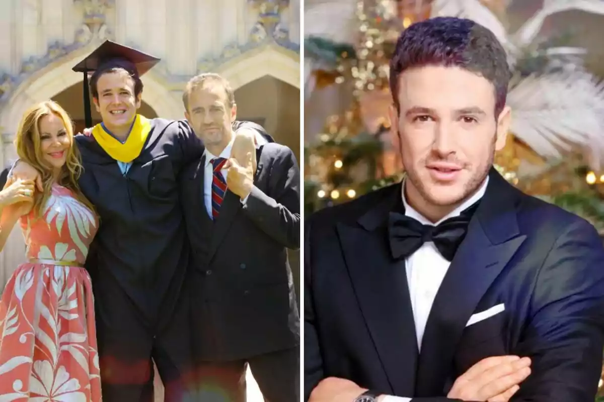 Una imatge dividida en dues parts: a l'esquerra, Ana Obregón, Aless Lequio i Alessandro Lequio posen juntes, una d'elles porta un birret i toga de graduació; a la dreta, Aless amb esmòquing i llacet posa davant d'un fons decorat. Una imatge dividida en dues parts: a l'esquerra, Ana Obregón, Aless Lequio i Alessandro Lequio posen juntes, una d'elles porta un birret i toga de graduació; a la dreta, Aless amb esmòquing i llacet posa davant d'un fons decorat.