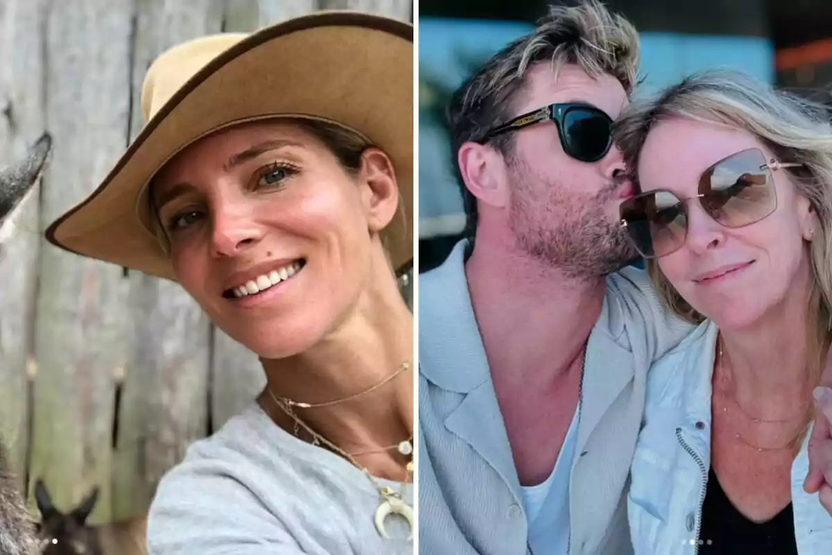 Elsa Pataky, wearing a hat, smiles in a selfie next to an animal, while in another image Chris Hemsworth, wearing sunglasses, kisses a woman on the forehead who is also wearing sunglasses. Elsa Pataky, wearing a hat, smiles in a selfie next to an animal, while in another image Chris Hemsworth, wearing sunglasses, kisses a woman on the forehead who is also wearing sunglasses.