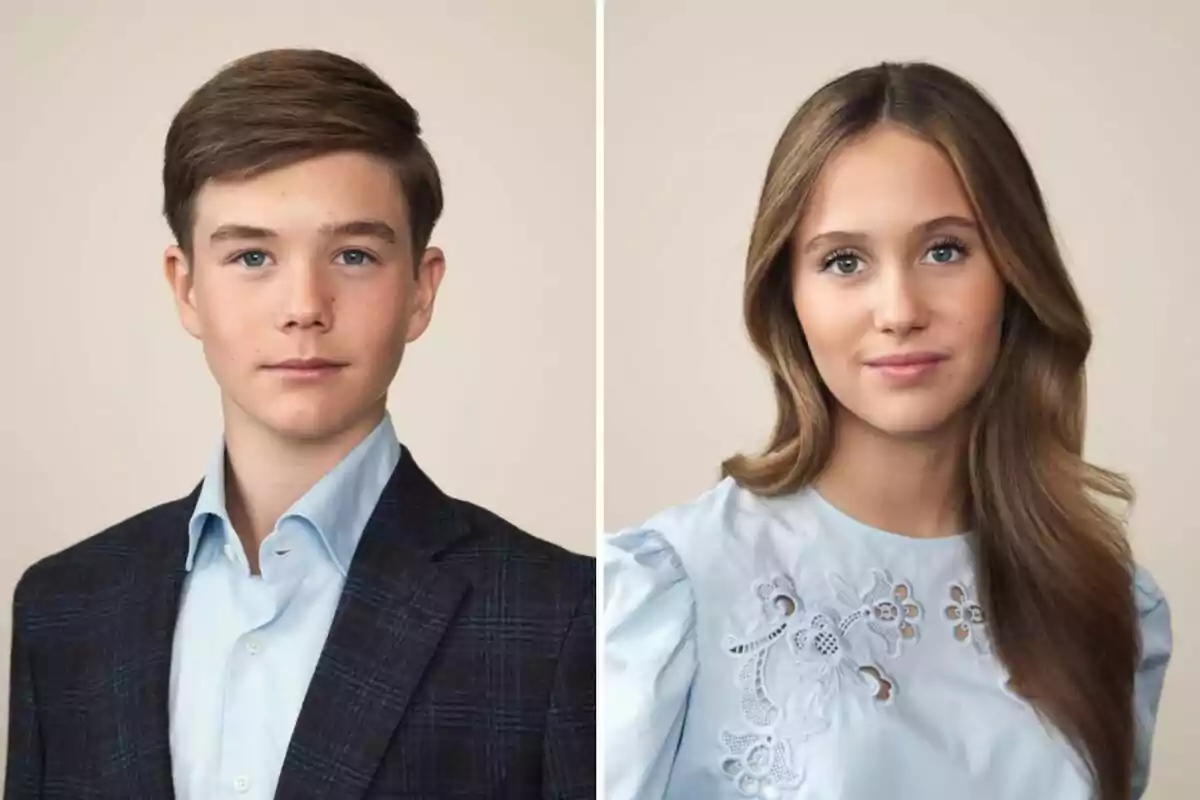 Portrait of Prince Vicente in a blue jersey and dark jacket next to Princess Josefina in a light blue blouse with long loose hair, both posing in front of a light background Portrait of Prince Vicente in a blue jersey and dark jacket next to Princess Josefina in a light blue blouse with long loose hair, both posing in front of a light background
