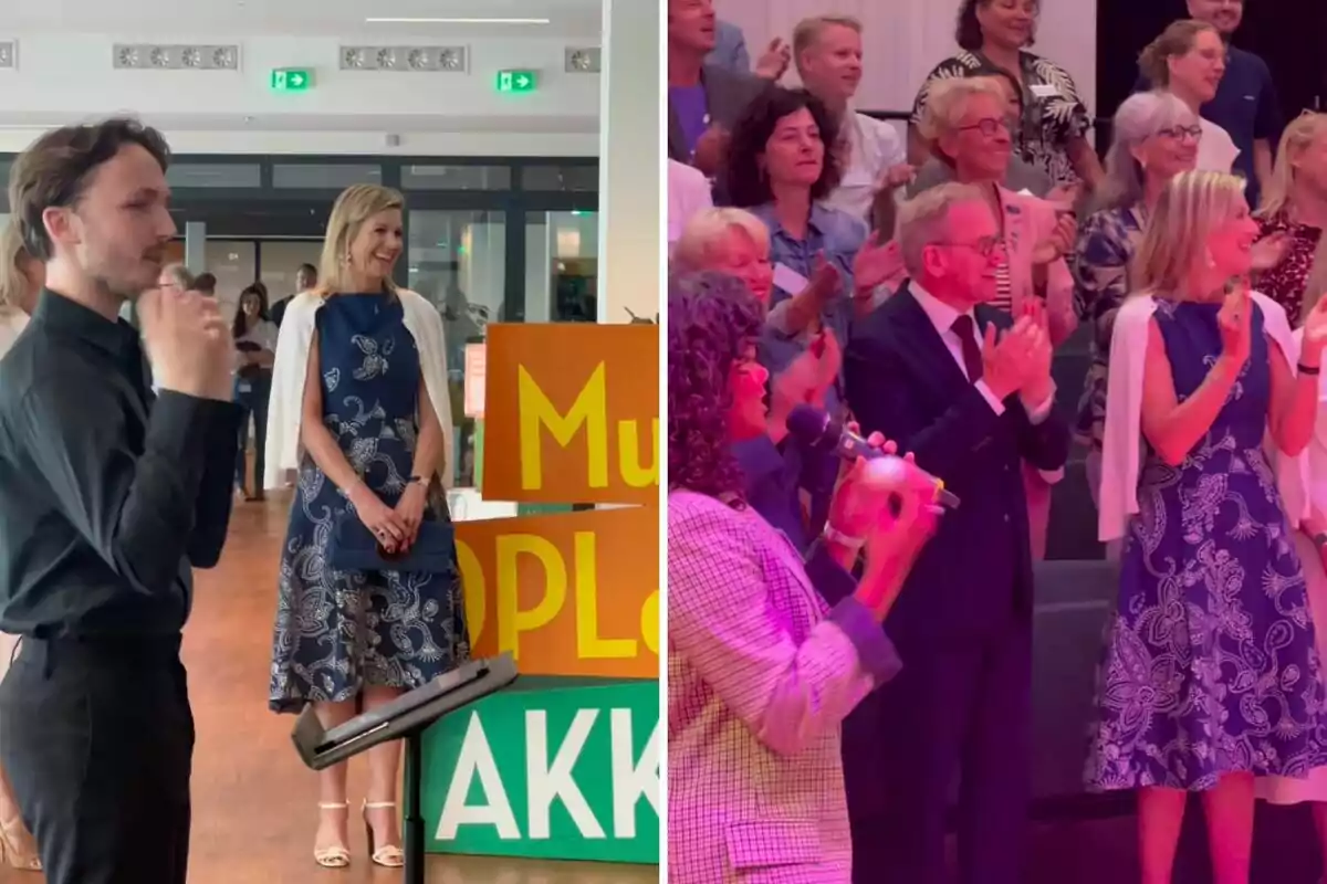 La reina Máxima amb vestit blau i blanc assisteix a un esdeveniment en interiors, a la primera imatge està dreta al costat d’un home i a la segona aplaudeix amb un grup de persones mentre una dona canta amb micròfon. La reina Máxima amb vestit blau i blanc assisteix a un esdeveniment en interiors, a la primera imatge està dreta al costat d’un home i a la segona aplaudeix amb un grup de persones mentre una dona canta amb micròfon.