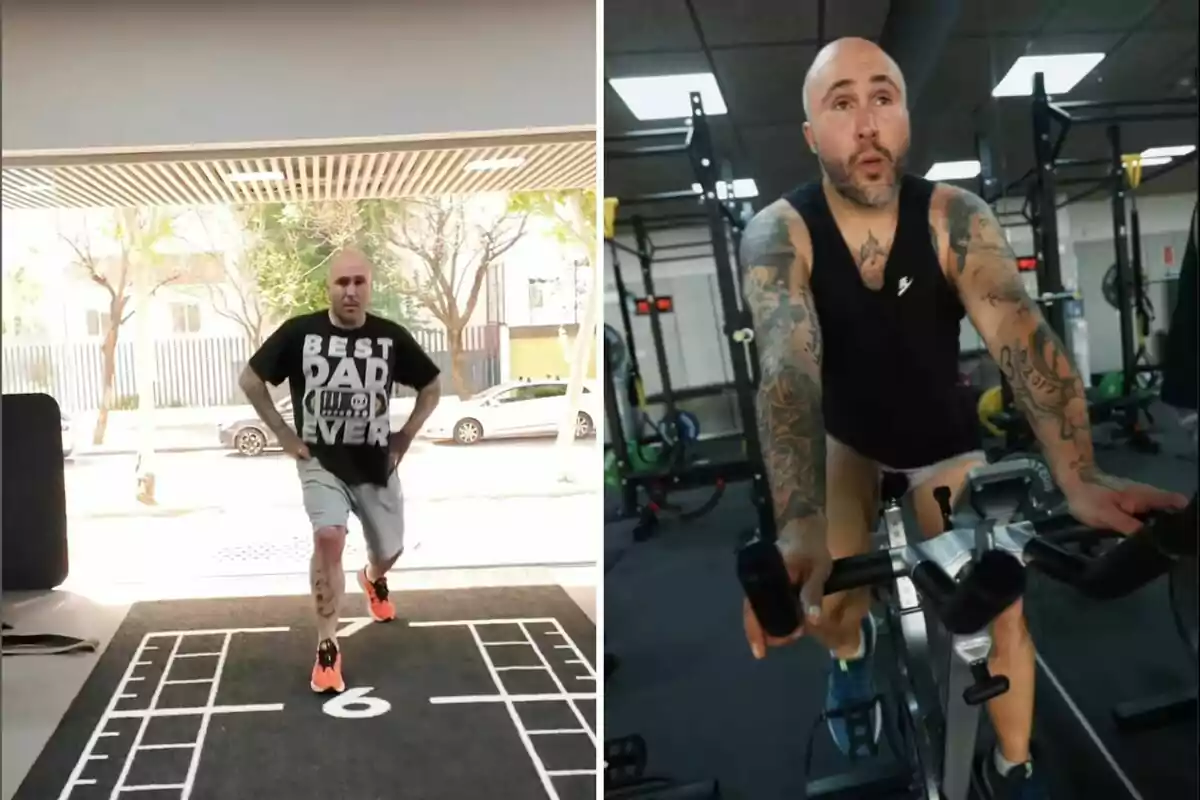 Kiko Rivera fent exercici en un gimnàs, en una imatge està corrent i en l'altra muntant una bicicleta estàtica. Kiko Rivera fent exercici en un gimnàs, en una imatge està corrent i en l'altra muntant una bicicleta estàtica.