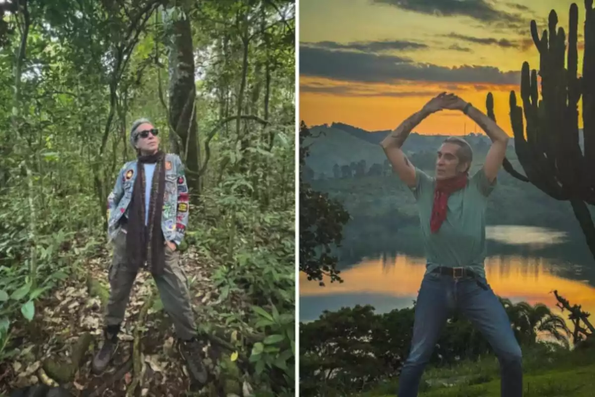 Mario Vaquerizo posant en un bosc amb jaqueta texana i ulleres de sol al costat d’una altra imatge de la mateixa persona fent una posada amb els braços aixecats davant d’un llac al capvespre Mario Vaquerizo posant en un bosc amb jaqueta texana i ulleres de sol al costat d’una altra imatge de la mateixa persona fent una posada amb els braços aixecats davant d’un llac al capvespre