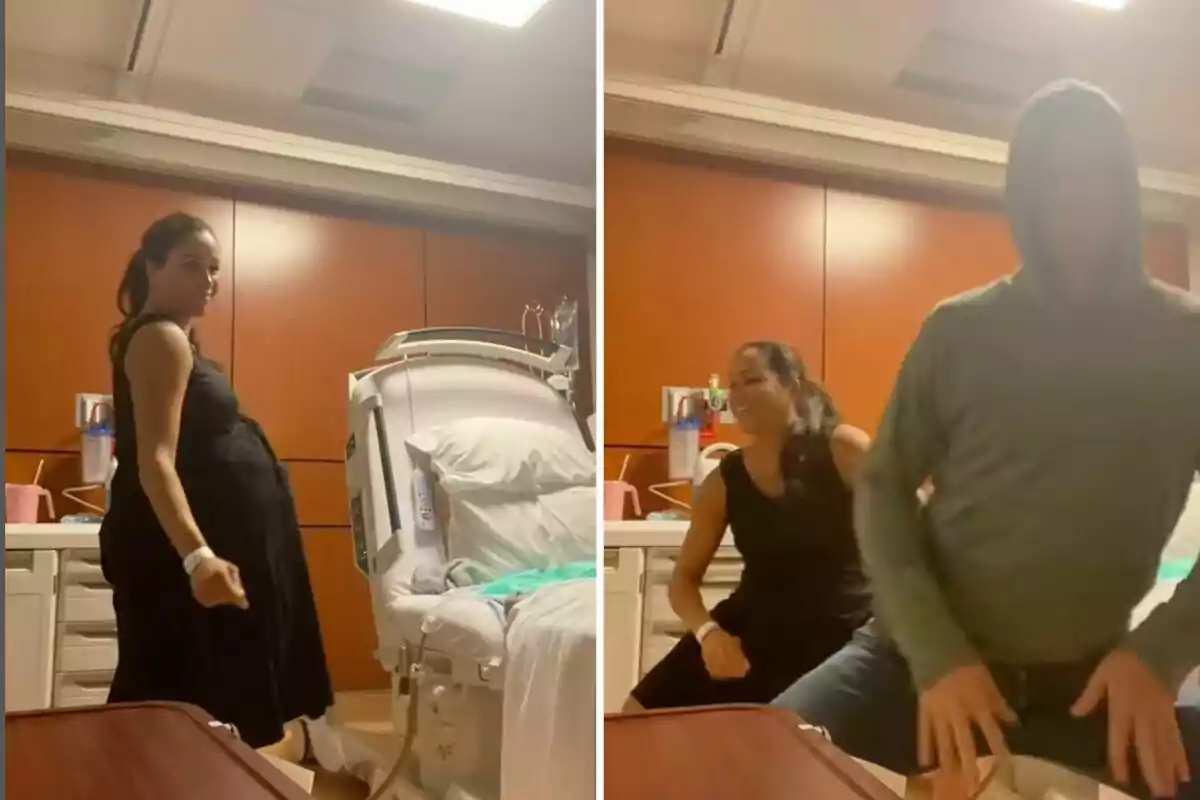 Meghan Markle, pregnant, dancing in a hospital room next to a medical bed and accompanied by Prince Harry in a sweatjersey. Meghan Markle, pregnant, dancing in a hospital room next to a medical bed and accompanied by Prince Harry in a sweatjersey.