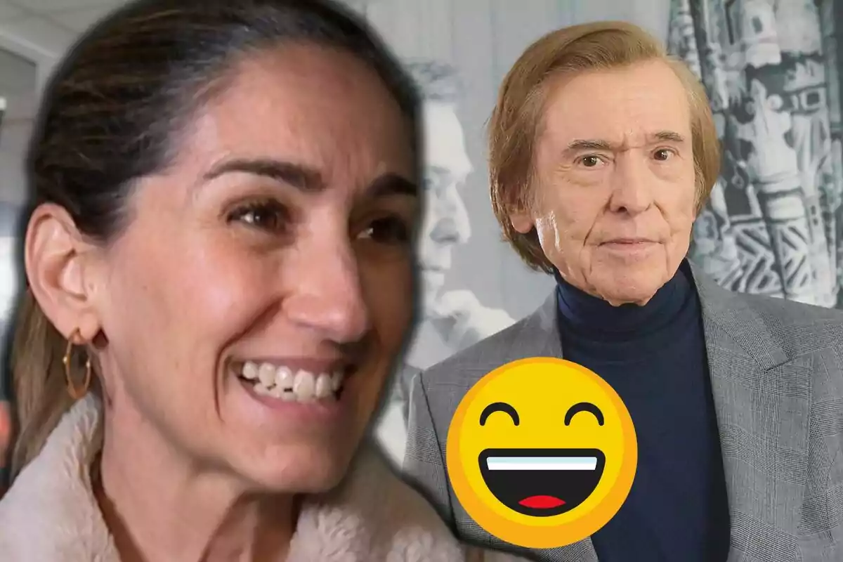 Alejandra Martos somrient en primer pla i Raphael amb expressió seriosa al fons, al costat d’un emoji de cara feliç.
