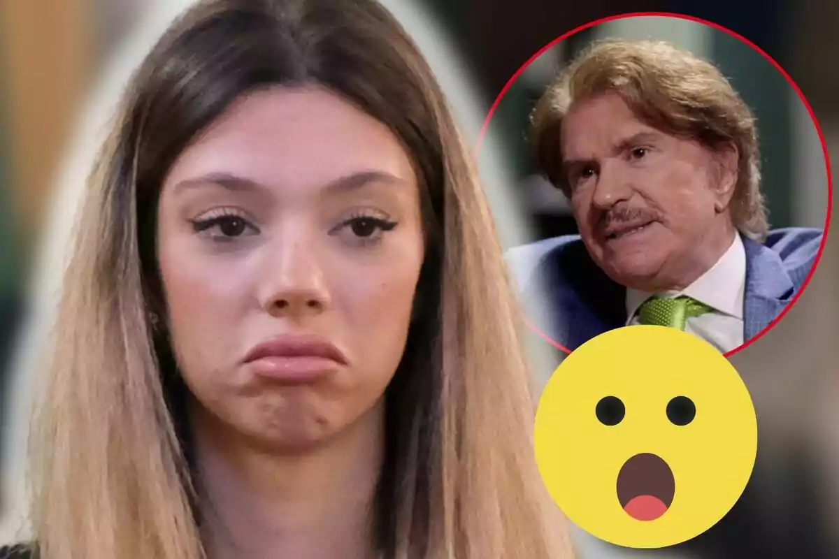 Alejandra Rubio amb expressió trista i Edmundo Arrocet en un cercle vermell a la cantonada superior dreta, al costat d'un emoji sorprès.