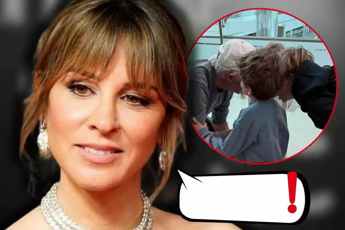 Alejandra Silva amb joies somriu mentre en un cercle vermell s'observa tres persones interactuant de prop.