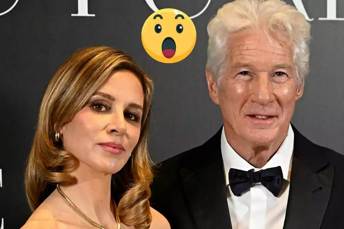 Alejandra Silva and Richard Gere pose together at a formal event with a surprised emoji over them.