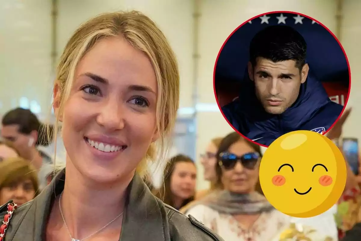 Alice Campello somrient en primer pla amb Álvaro Morata en un cercle vermell a la cantonada superior dreta i un emoji somrient a la part inferior dreta.