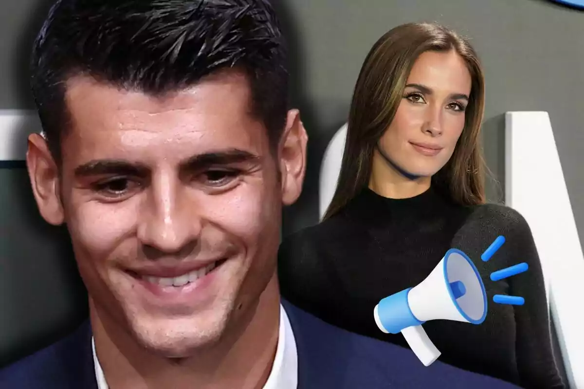 Álvaro Morata somrient en primer pla i María Pombo al fons amb un megàfon dibuixat sobre l’espatlla