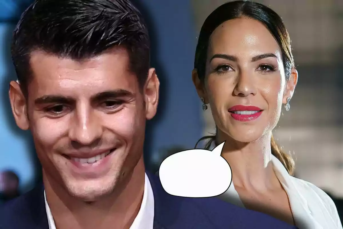 Álvaro Morata somrient en primer pla i Tamara Gorro amb llavis vermells al fons, amb un globus de diàleg buit entre ells