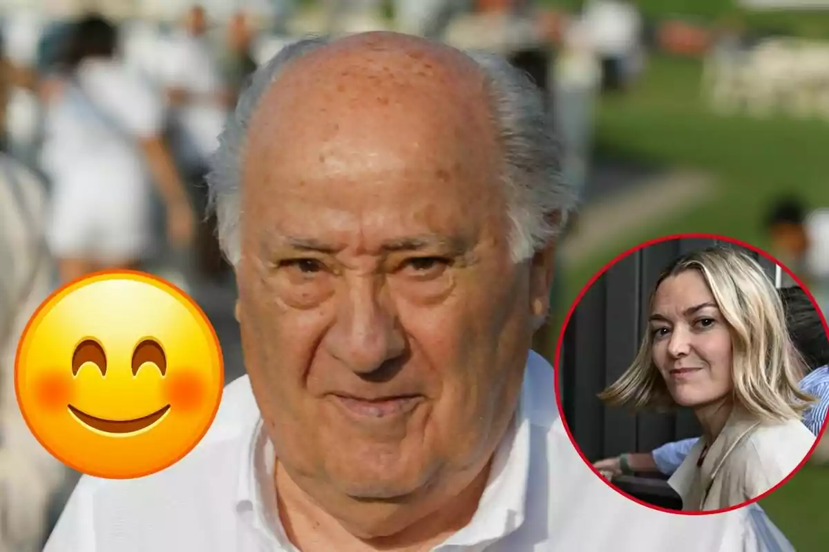 Amancio Ortega amb una camisa blanca i Marta Ortega en un cercle vermell a la cantonada inferior dreta, amb un emoji somrient a la part esquerra de la imatge.