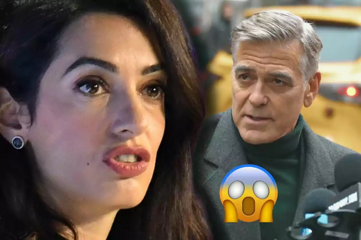 Amal Clooney and George Clooney in a serious conversation with a surprised emoji overlay.
