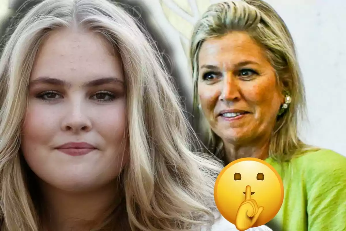 Amalia y Máxima de Holanda aparecen en primer plano, una joven al frente y una mujer mayor al fondo, con un emoji de silencio cubriendo parte de la imagen.