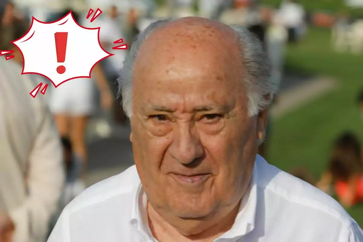 Amancio Ortega amb cabell canós i expressió seriosa en un entorn exterior amb un gràfic d'exclamació vermell a la cantonada.